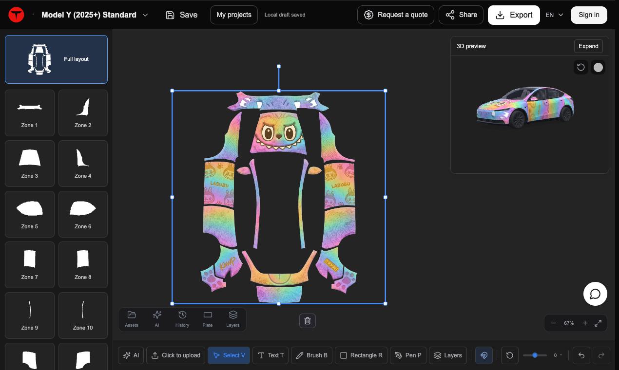 Tesla Wrap Pro editor with a gallery design and 3D vehicle preview